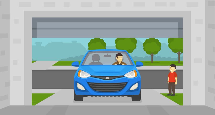 Illustration of a resident driving into his garage with a child looking on.